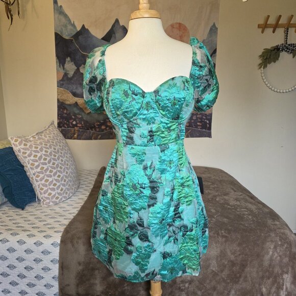 Lulus Luxe Direction Teal Green Floral Jacquard Puff Sleeve Mini Dress XL NWT - Picture 9 of 16